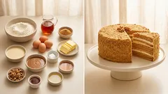 Vrstvený medovník s dvomi krémami: tenké pláty, karamel a krásny rez