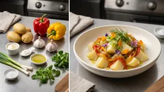 Krémový zemiakový šalát s pečenou paprikou a cesnakovým dresingom